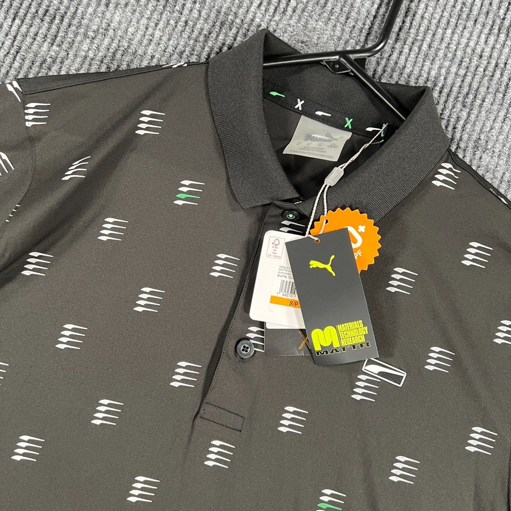 PUMA Polo Shirt Mens Small Black Geometric Short Sleeve Performance Golf New